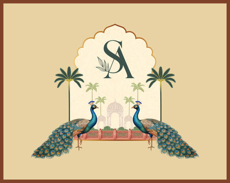 Classic Indian wedding logo with peacocks, palms, and letter S and A initials