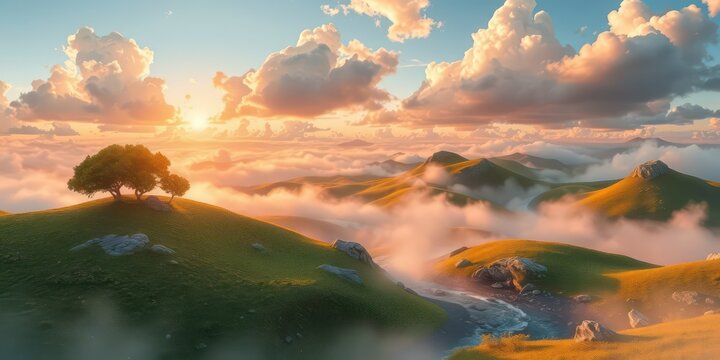 Serene Sunset Over Rolling Hills and Misty Valley with Two Trees on a Hilltop