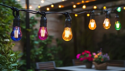 Colorful string lights hanging on black wire, outdoor light bulbs with colorful glass shades, colorful party lights,