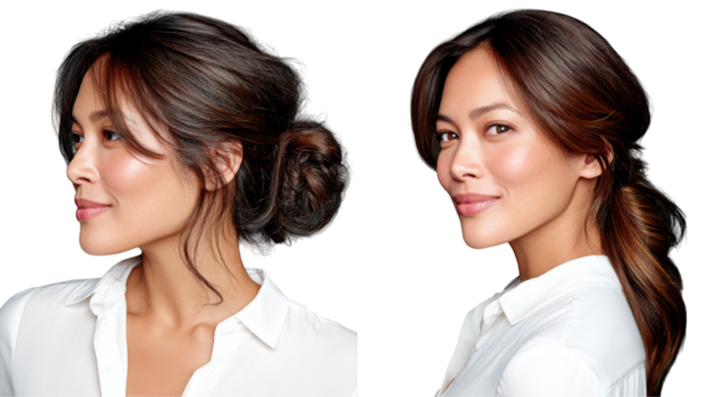 isolated transparent Background. side by side view of East Asian woman hair styled two different ways, showcasing elegance