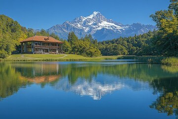 Fototapeta premium Lake reflects mountain and house surrounded by trees under a blue sky.