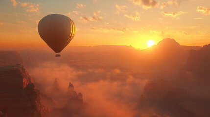 Fototapeta premium A hot air balloon floating high above the desert at sunrise