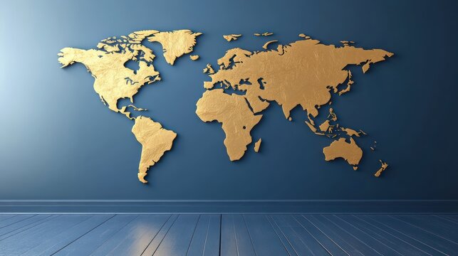 Fototapeta Gold World Map on Navy Blue Room