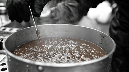 Fototapeta premium Stirring a simmering pot of dark, rich stew, outdoors in grayscale. A close-up view showcasing the texture of the stew and the steam rising. The cook wears black gloves.