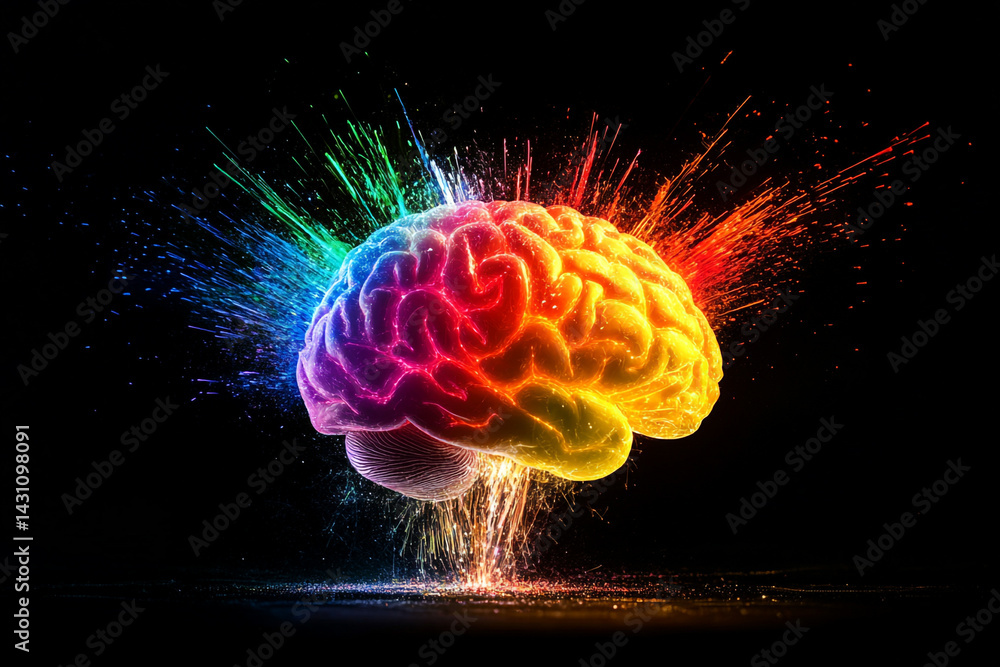 Poster rainbow brain exploding with vibrant energy sparks imagination creativity and power
