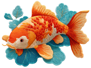 isolated transparent Background. Embroidered koi fish with vibrant colors swimming among blue leaves, showcasing intricate