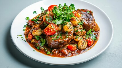 Fototapeta premium Succulent Beef Dish with Vegetables and Herbs