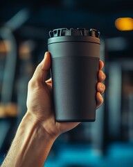 Stylish reusable cup held in a gym environment.