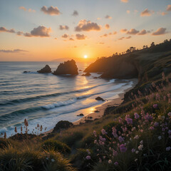 A scenic coastal view featuring a sunset over the ocean with rocks, beach, and wildflowers on the cliff