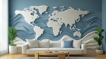 Modern Living Room with World Map Wall Decor