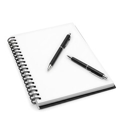 Spiral notebook with blank pages and pens, office supply isolated on white background