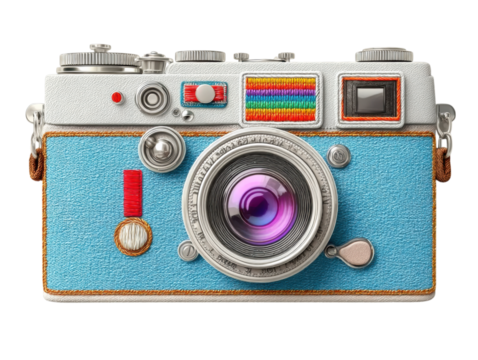 isolated transparent Background. retro camera with colorful embroidery and stylish design, perfect for photography lovers