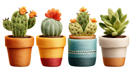 isolated transparent Background. Colorful embroidered cactus trio in decorative pots brings cheerful vibe to any space