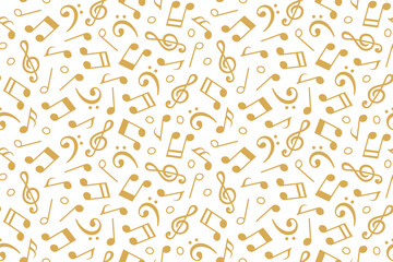 seamless golden pattern with music notes, bass and treble clef; ideal for music-themed designs- vector illustration