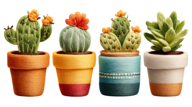isolated transparent Background. Colorful embroidered cactus trio in decorative pots brings cheerful vibe to any space
