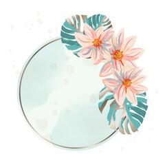 Tropical Floral Frame with Pink Exotic Flowers, Monstera Leaves, Watercolor Splashes, and Free Space for Your Text. Elegant Botanical Template for Invitations, Greeting Cards, and Wedding Designs