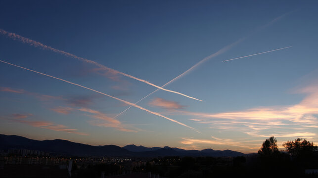 Vapor trails crisscross the expansive twilight sky above a silhouetted mountain range as the sun sets, painting the clouds in soft hues of pink and orange.