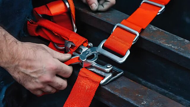 Tightening red ratchet straps on heavy load
