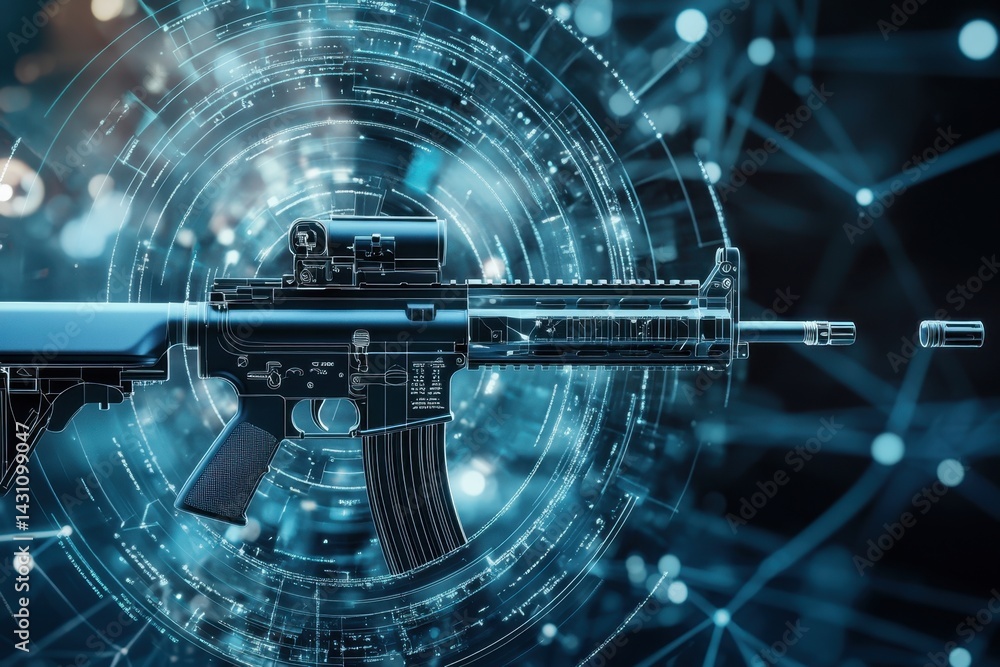 Poster modern firearm with digital enhancements displayed in a futuristic environment