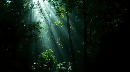 Obraz premium Sunlight Streaming Through Trees in a Forest