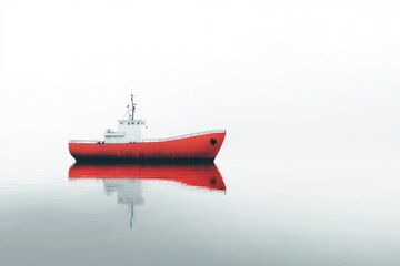 An isolated boat rests motionless on a mirror-like water surface surrounded by mist, creating an ethereal scene that suggests solitude, peace, and contemplation.