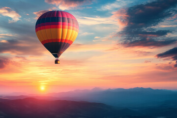 A hot air balloon floating high above the desert at sunrise