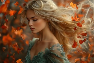 A blonde woman with ethereal features, dressed in a flowing green dress, walking gracefully through an autumn forest with orange and red leaves swirling around her