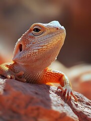 Obraz premium Stunning Close-up of Orange Bearded Dragon Lizard in Desert Habitat - Macro Wildlife Photography for Nature Enthusiasts