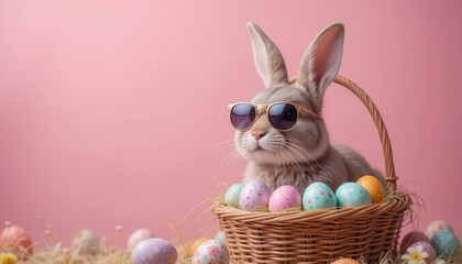 Cute rabbit wearing sunglasses in basket with colorful Easter eggs, creating playful scene
