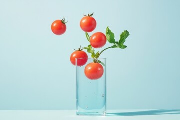 An eye-catching composition of fresh, ripe tomatoes interspersed with greenery, dynamically suspended in a clear glass, representing freshness, nature, and culinary delights.