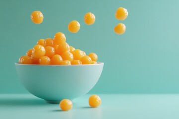 A captivating image featuring vibrant yellow spheres elegantly piled in a light blue bowl, creating a playful and inviting color combination that is perfect for food-related themes.