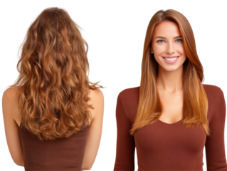 isolated transparent Background. double view portrait of woman hairstyle showcasing curly and straight hair, highlighting