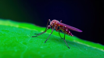 Fototapeta premium Mosquito Resting on Green Leaf Macro Detailed View