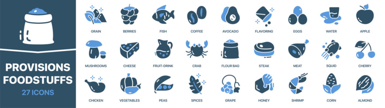 Provisions and foodstuffs colored signed icon collection. Grain, fish, meat, flour, honey icons. UI icon set. Colored icons pack. Vector illustration