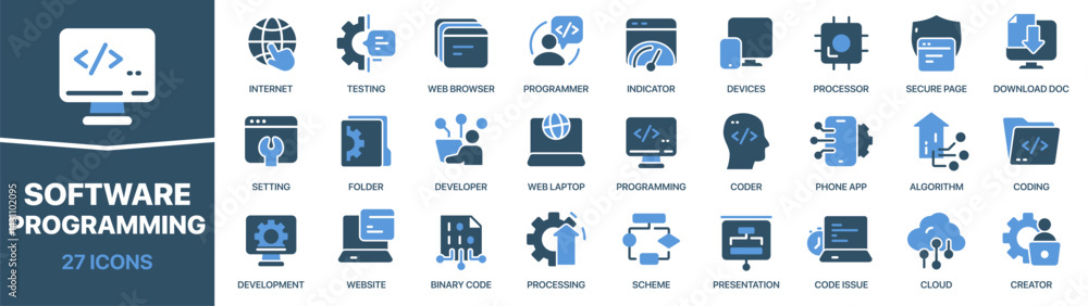 Poster Software and programming colored signed icon collection. Coding, developer, website, algorithm, device icons. UI icon set. Colored icons pack. Vector illustration