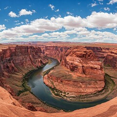 Horseshoe Bend, a horseshoe-shaped incised meander of the Colorado River, is surrounded by sandstone cliffs, beneath a blue sky with clouds.
