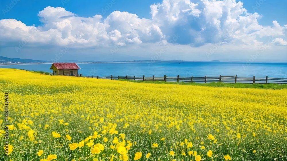 Poster 黄色い菜の花畑が広がる 青い海と空 遠くに見える山と小屋の美しい風景 春の鮮やかな色彩