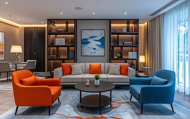 Modern living room with comfortable seating, a built-in bookcase, and a stylish artwork