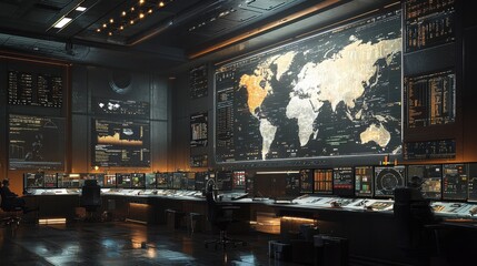 Futuristic Control Room with World Map and High-Tech Monitor Screens