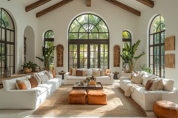 Naklejka premium Spanish-style interior design in Miami with large windows, arched doorways, and natural light. Cozy yet elegant living room with vintage furniture and wooden beams.