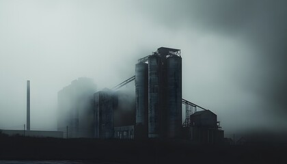 A grain silo and factory building in the fog, monochrome photography, surreal, dark art style, horror, b