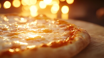 Close-up of a delicious pizza with melted cheese on a wooden table, blurred background, warm colors, studio lighting