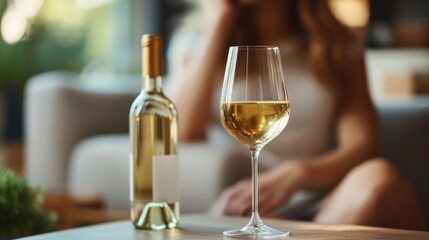 A beautifully styled wine glass filled with white wine stands prominently in the foreground, with a bottle slightly blurred in the background, showcasing a relaxed atmosphere.