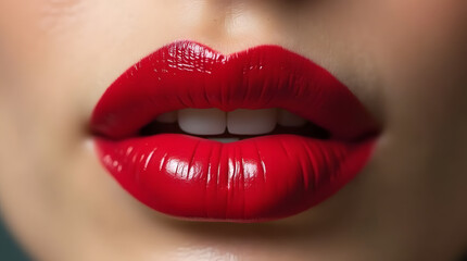 Obraz premium Plump female lips painted with red lipstick. Beautiful red lipstick on the girl's lips.