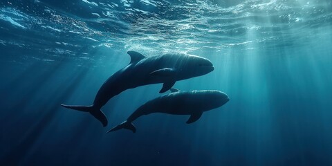 A mother pilot whale guiding her calf through the ocean, their tails creating ripples