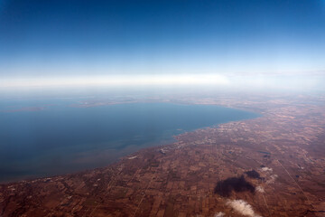 A high altitude view of Lake Huron in Ontario, Canada