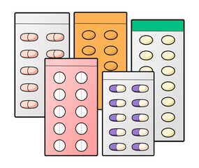 たくさんの重なった薬のシートのイラスト