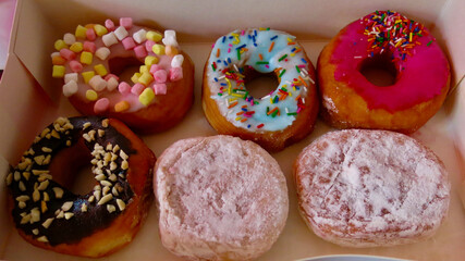 Donuts with icing sugar. Top view of donuts with powdered sugar in a box. Six round multi-colored donuts in a box.