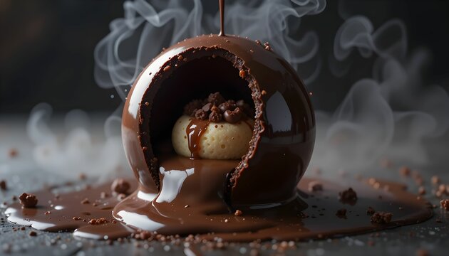 Chocolate dome dessert with a molten chocolate pour, revealing a creamy filling with chocolate crumbles, set against a dark background .