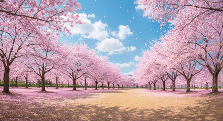 Naklejka premium Cherry blossom trees bloom pink petals in a park under a blue sky with puffy clouds ground covered in petals